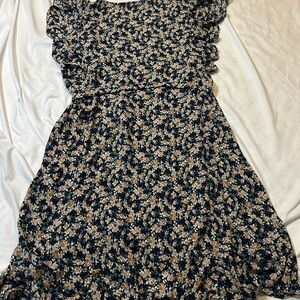 Max Studio Floral Print Ruffle Sleeve Tie Waist Dress Navy Pink  Size 1X. NWOT